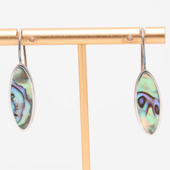 Vintage Sterling Silver Oval Abalone Fish Hook Earrings - Picture 4 of 5